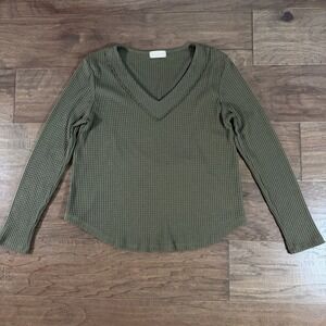 Altard State Olive Green‎ Waffle Knit V-Neck Long Sleeve Thermal Top M